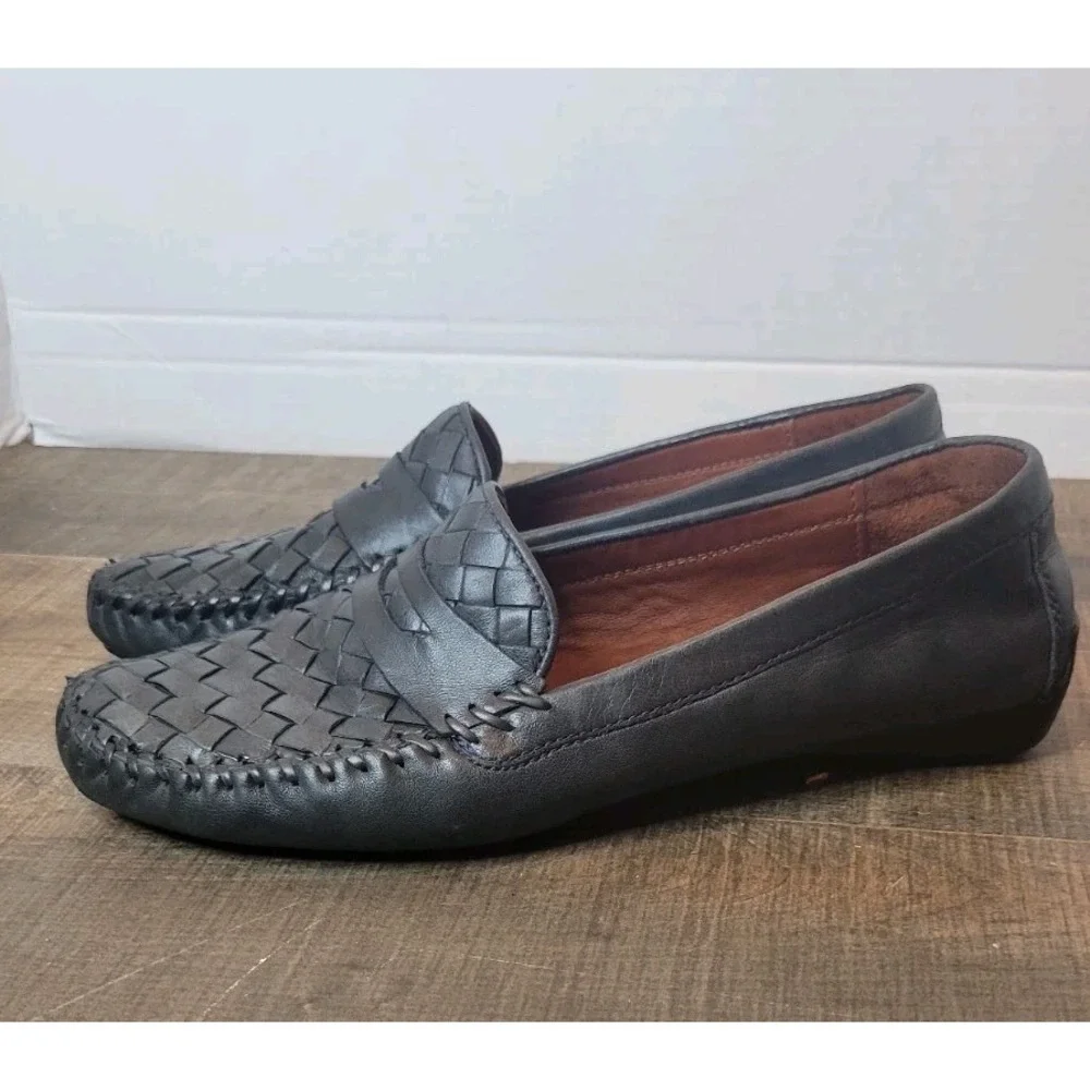 ROBERT ZUR MENS SHOES BLACK 7.5 Leather‎ Woven Loafers Slip On Driving Luxury